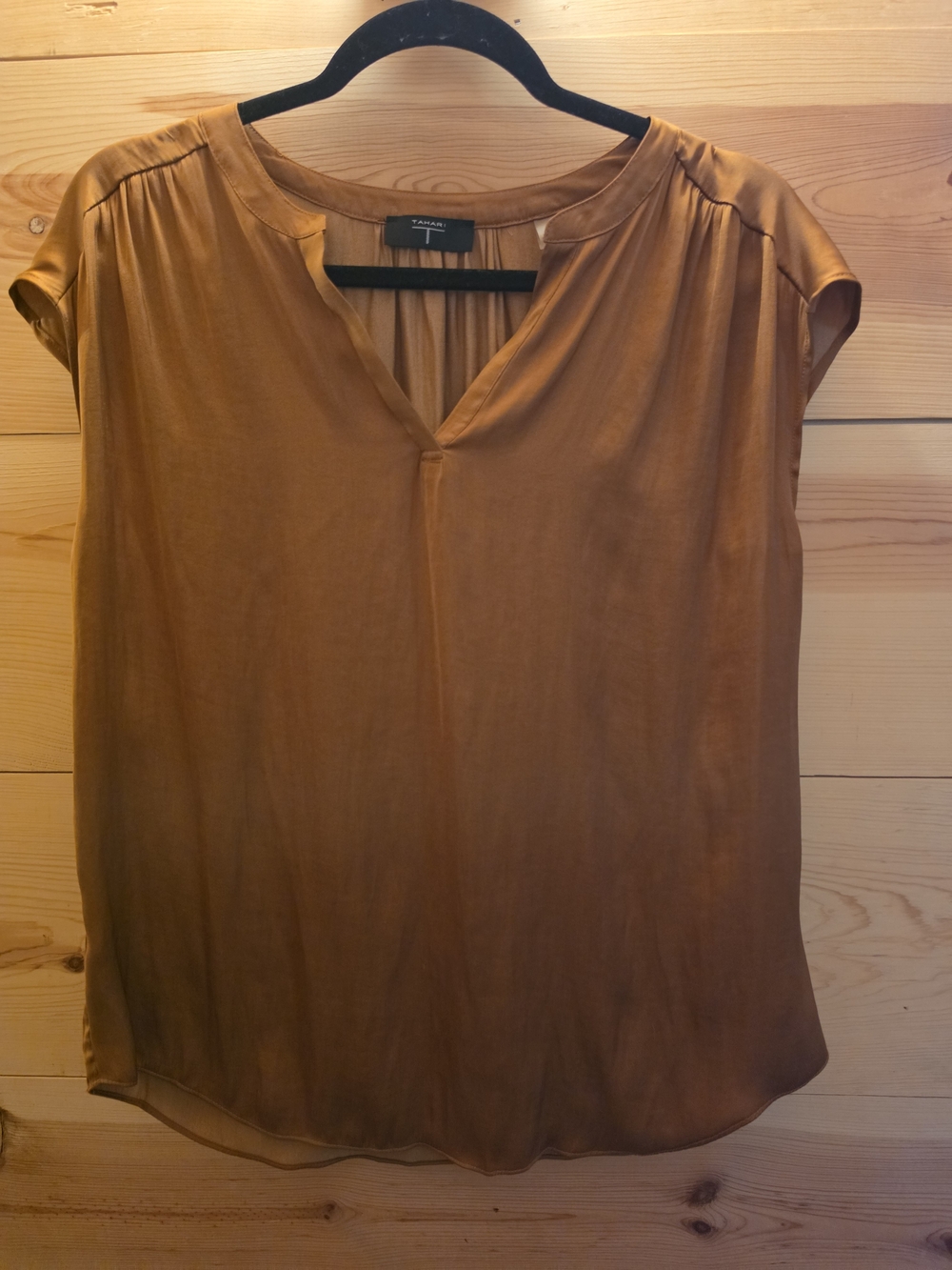 Tahari Burnt Orange Cap-Sleeve Split-Neck Blouse - Picture 2 of 5